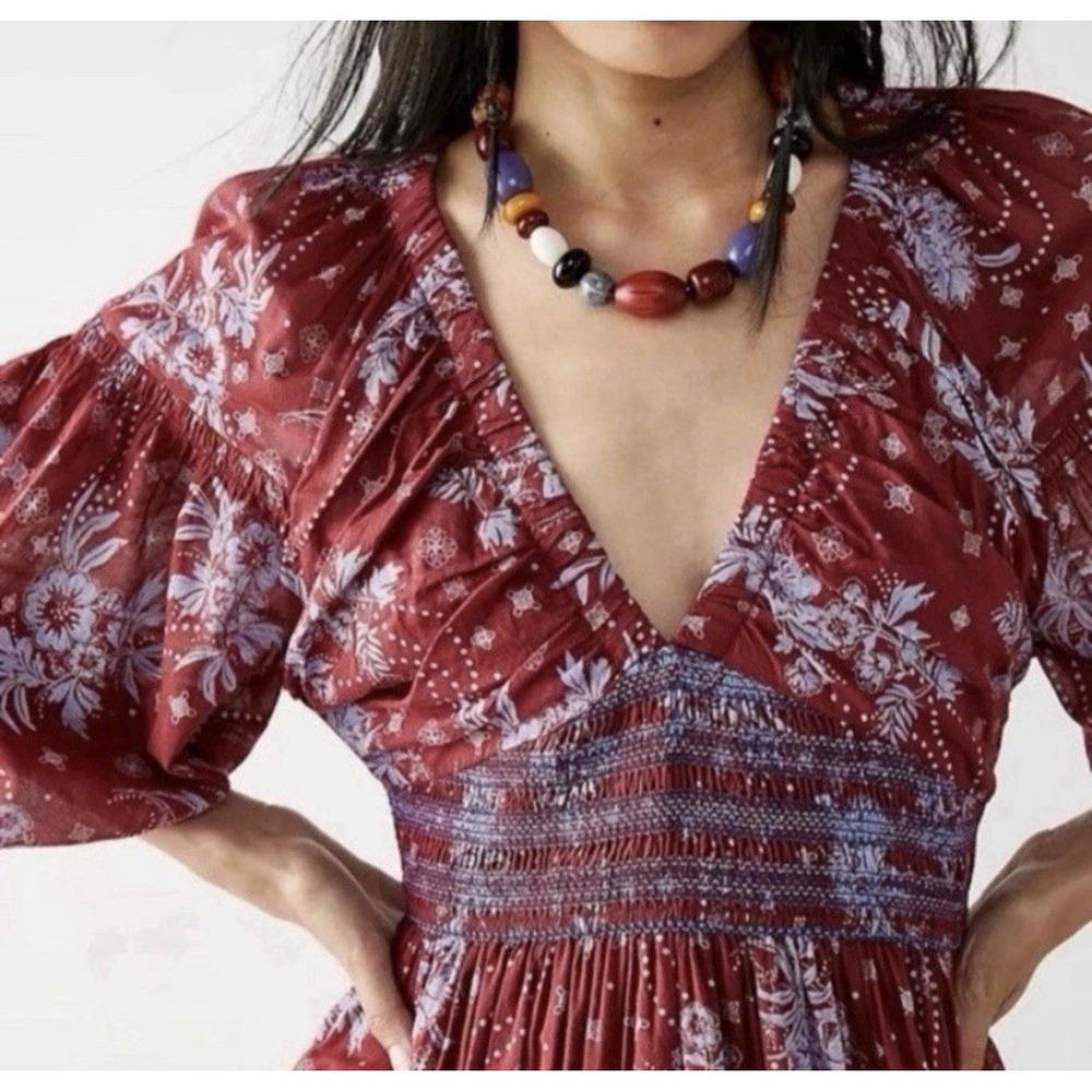 Free People Golden Hour Maxi Dress Lg Dark Wine Red Floral Boho Hippie V-neck - Picture 3 of 9